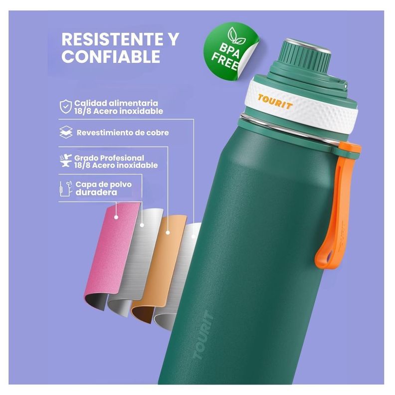 Tourit Botella de Agua Térmica Deportiva 32oz - Verde-5