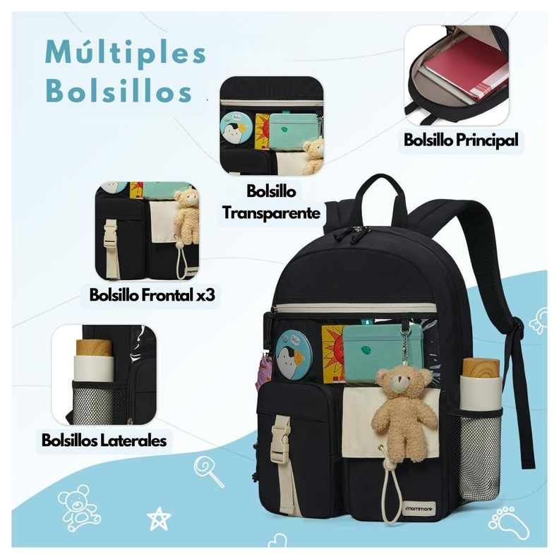 Mommore Mochila Escolar Ligera Kawaii Kids 19L - Negro-2