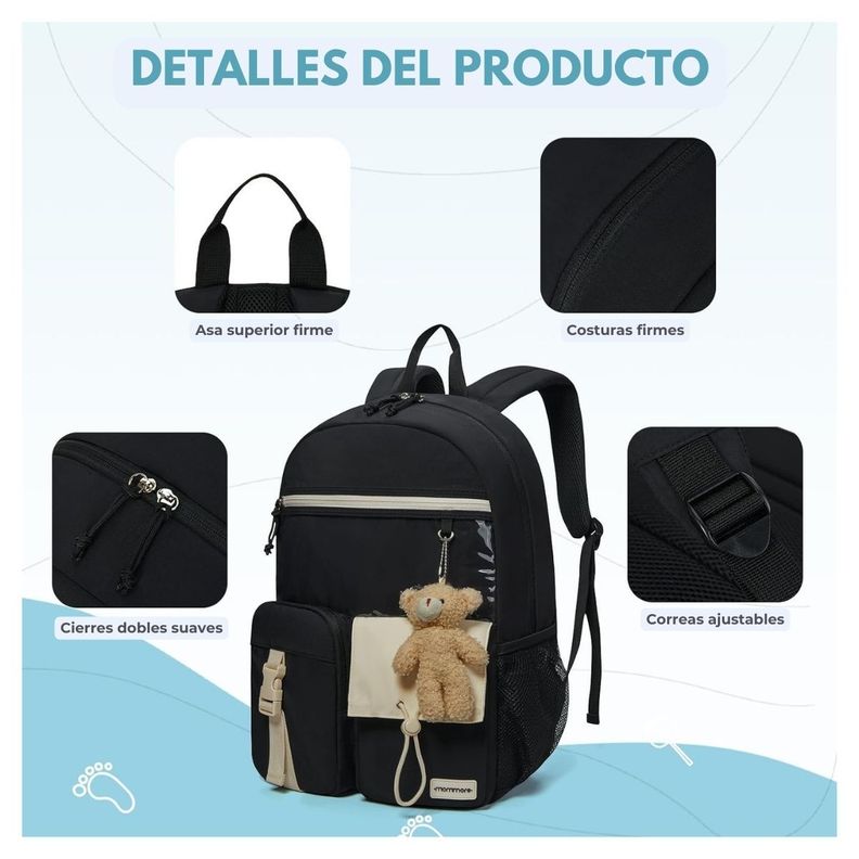 Mommore Mochila Escolar Ligera Kawaii Kids 19L - Negro-3