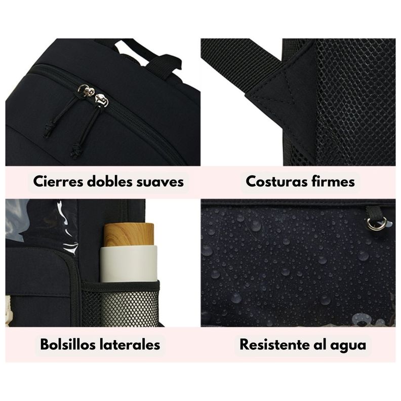 Mommore Mochila Escolar Ligera Kawaii Kids 19L - Negro-7