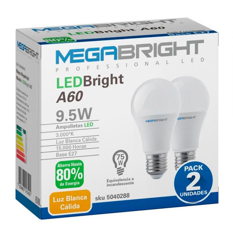 Ampolleta LED A60 Clasica 9,5W/3000K E-27 PACK X2-0