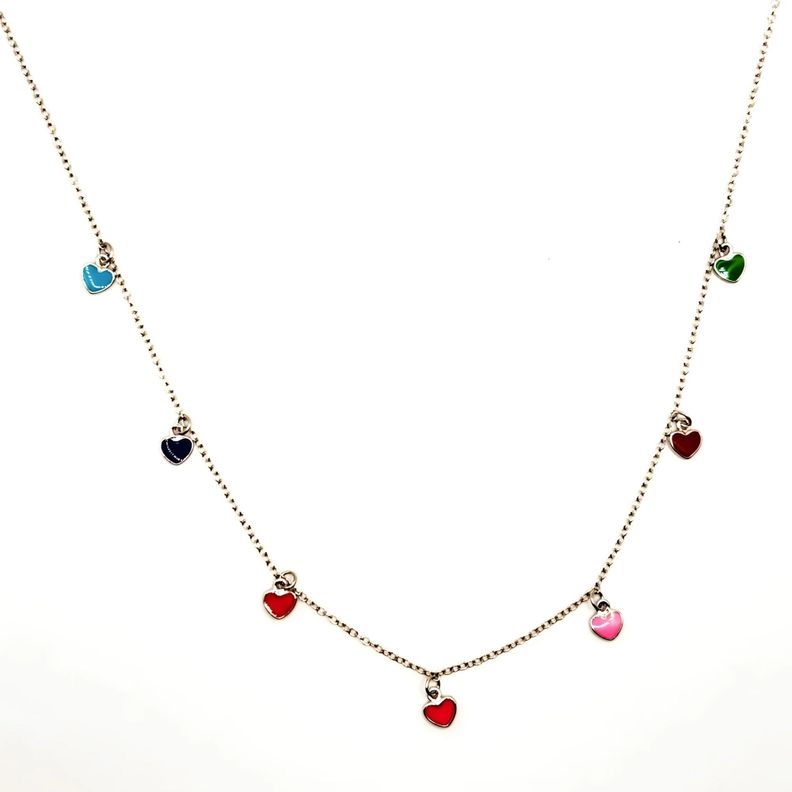 Collar con 7 Corazones Diferente Colores de Plata 925