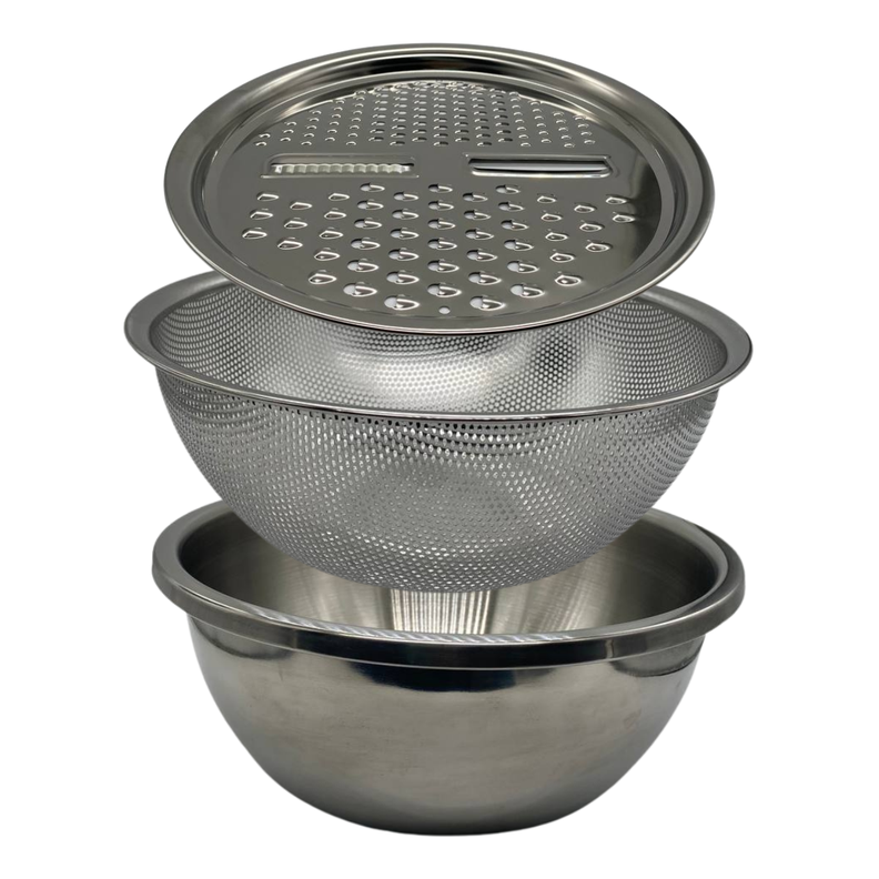 Set de 3 Piezas para Cocina Premium: Bowl, Colador y Rallador Multifuncional Plateado