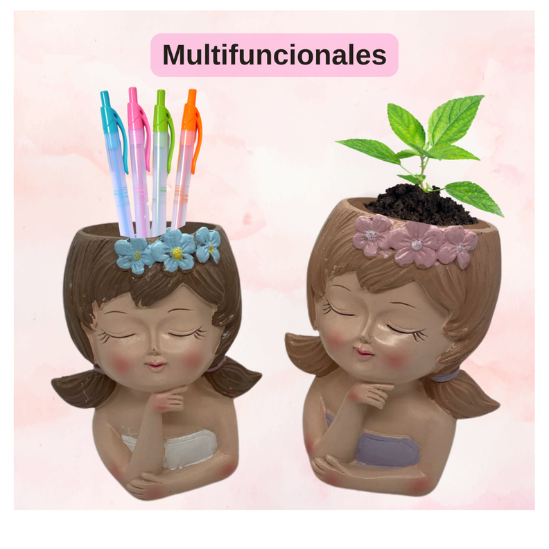 Set 2 Maceteros Decorativos Niña Vintage Con Floresestilo-4