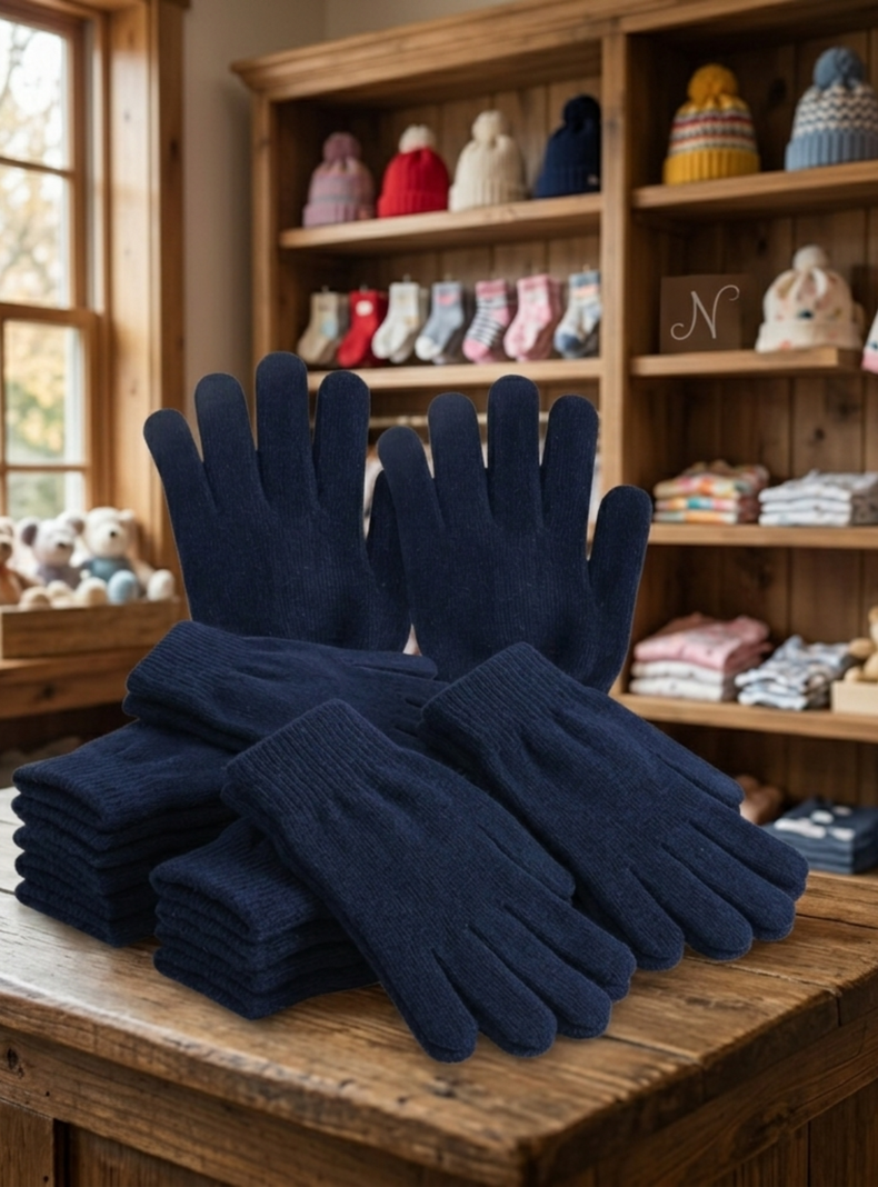 Pack 12 Guantes De Lana Termicos Para Ninos - Invierno Suave Color Azul Marino S