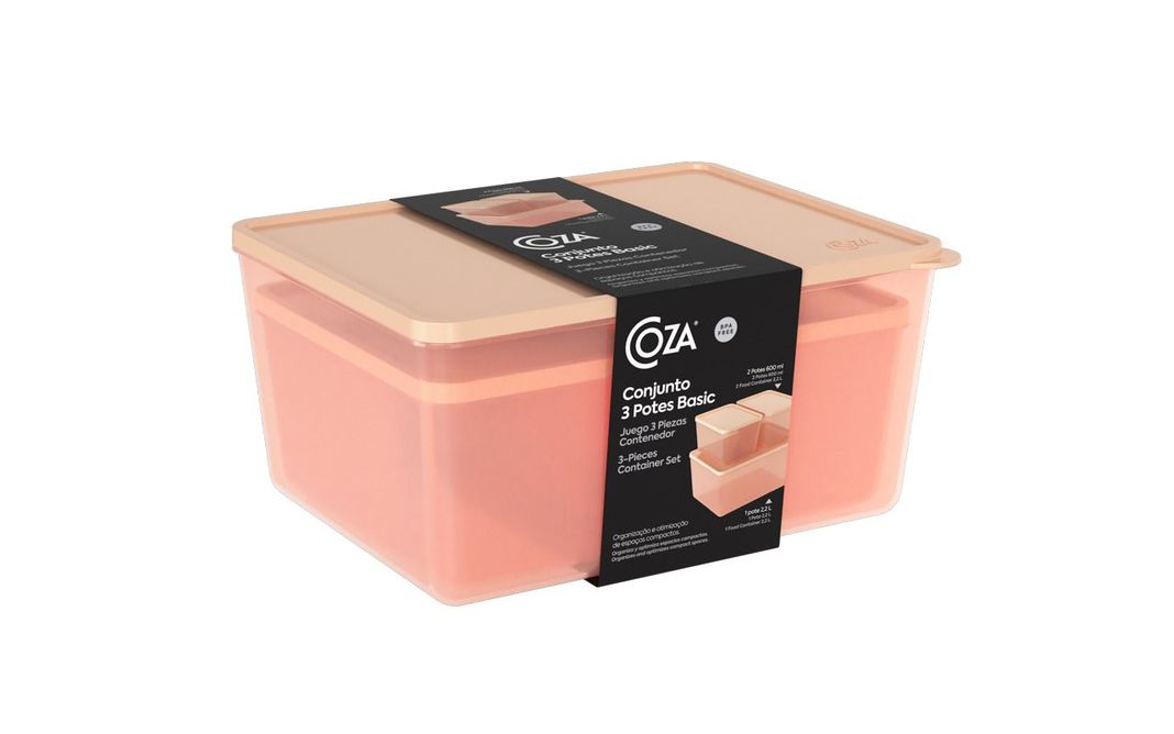 Juego De Contenedores De Plástico ( 600 Ml, 600 Ml, 2,20 L) Basic Coza Rosa-2