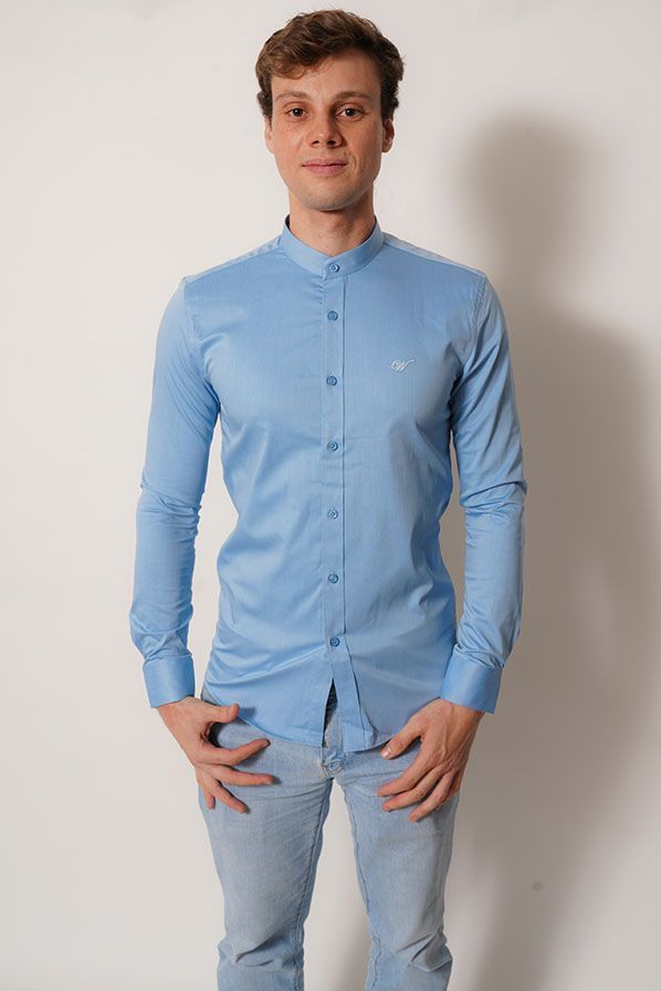 camisa cuello mao  color celeste cielo manga larga-0