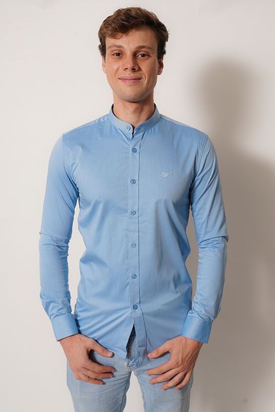 camisa cuello mao  color celeste cielo manga larga-3