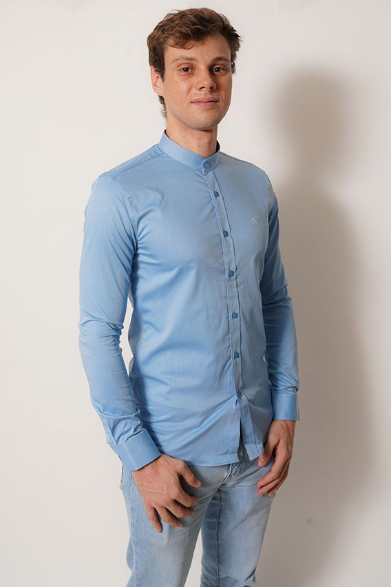camisa cuello mao  color celeste cielo manga larga-2