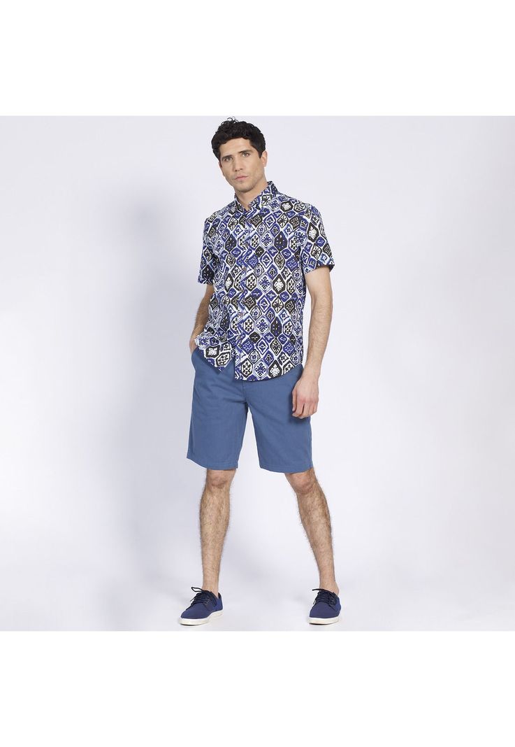 Camisa Manga Corta Estampada Diseño Slim Fit Botón Cuello Azul-0