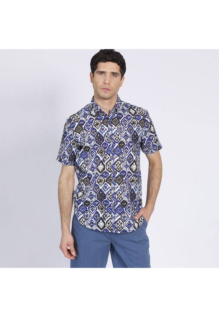 Camisa Manga Corta Estampada Diseño Slim Fit Botón Cuello Azul-1