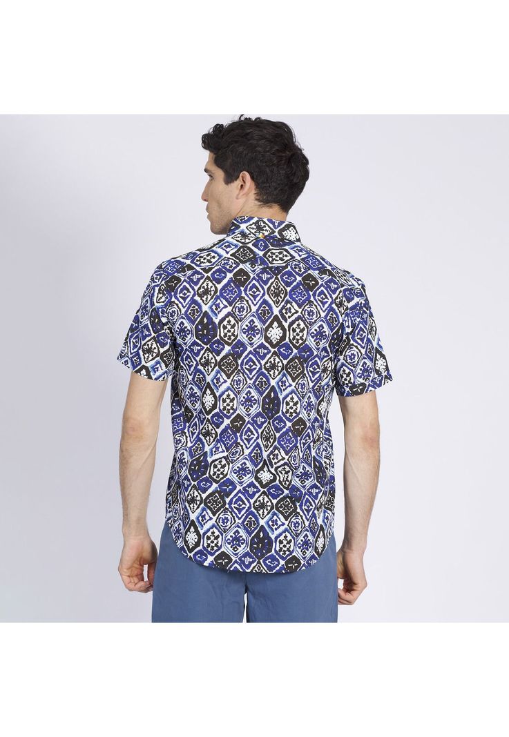 Camisa Manga Corta Estampada Diseño Slim Fit Botón Cuello Azul-2