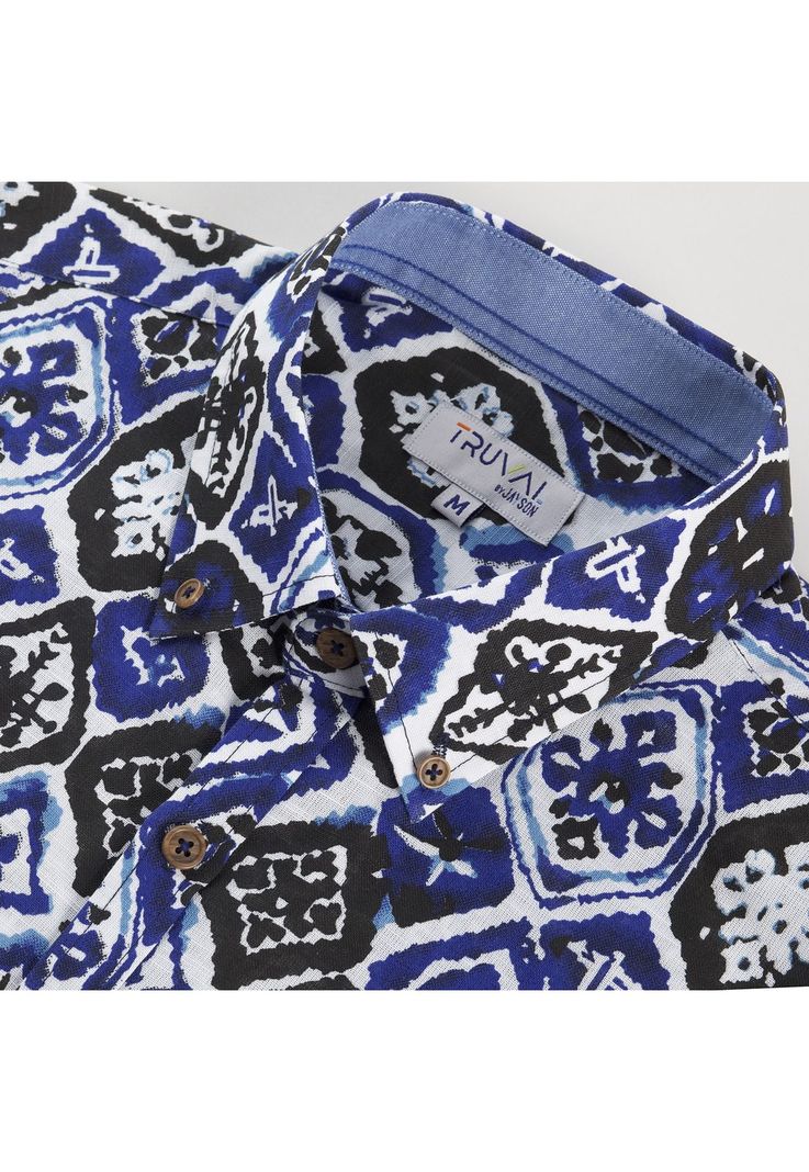 Camisa Manga Corta Estampada Diseño Slim Fit Botón Cuello Azul-3