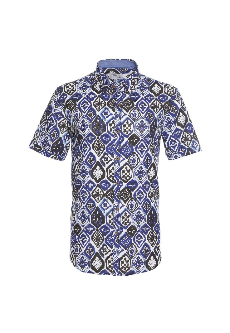 Camisa Manga Corta Estampada Diseño Slim Fit Botón Cuello Azul-4