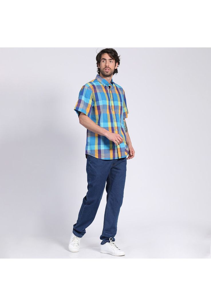 Camisa Manga Corta Fantasía Premium Botón Cuello Regular Fit Botón Cuello Celeste-0