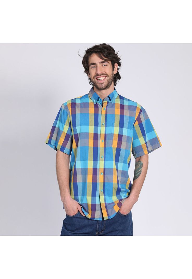 Camisa Manga Corta Fantasía Premium Botón Cuello Regular Fit Botón Cuello Celeste-1