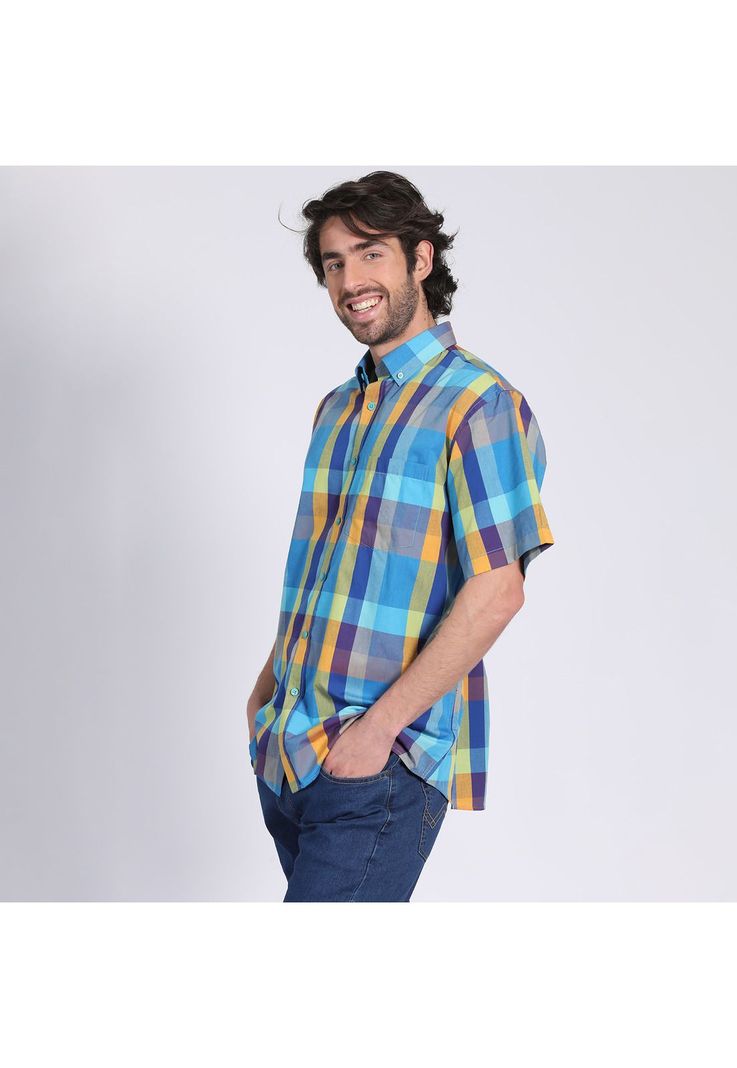 Camisa Manga Corta Fantasía Premium Botón Cuello Regular Fit Botón Cuello Celeste-2