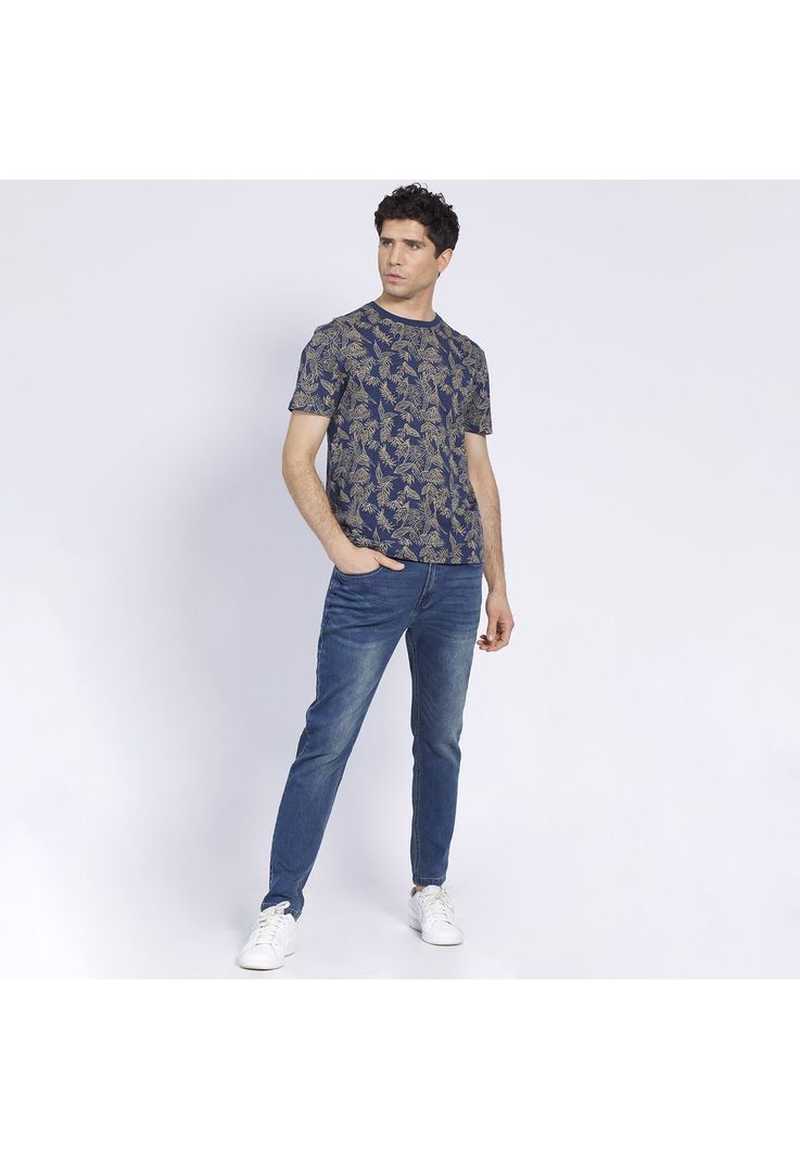 Polera Manga Corta Slub Estampada Azul-0