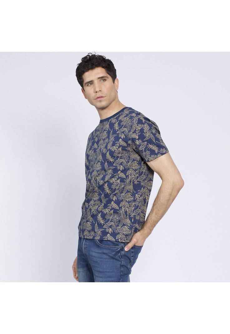 Polera Manga Corta Slub Estampada Azul-1