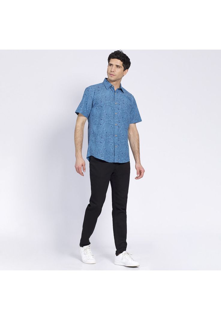 Camisa Manga Corta Guayabera Estampada Regular Fit Cuello Semi Italiano Azul-0