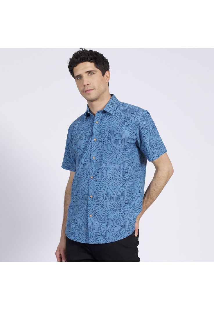 Camisa Manga Corta Guayabera Estampada Regular Fit Cuello Semi Italiano Azul-1