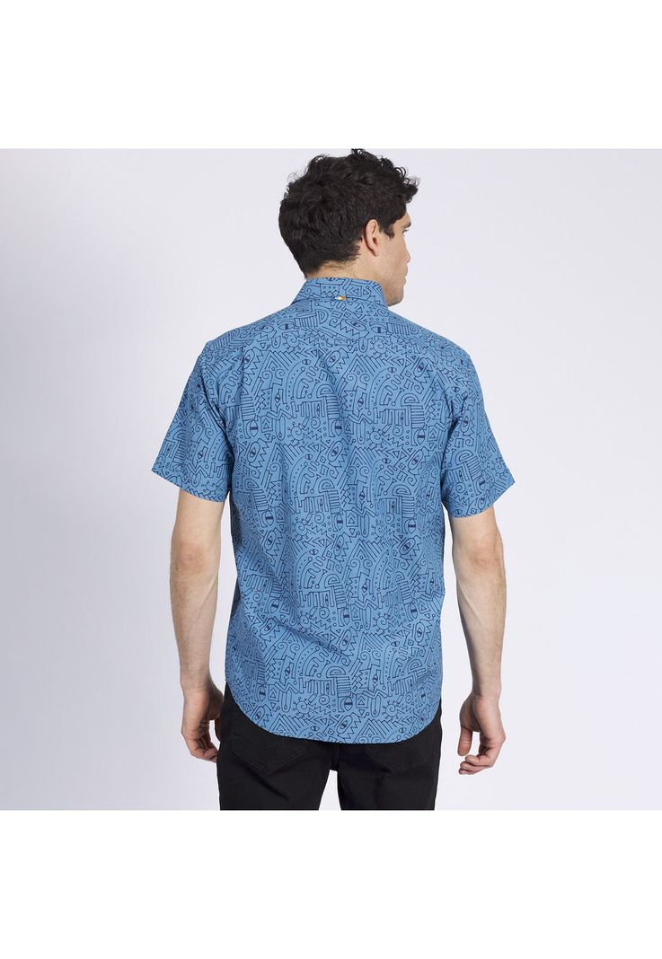 Camisa Manga Corta Guayabera Estampada Regular Fit Cuello Semi Italiano Azul-2