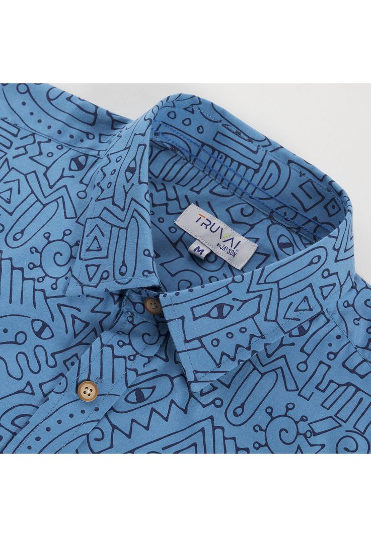 Camisa Manga Corta Guayabera Estampada Regular Fit Cuello Semi Italiano Azul-3
