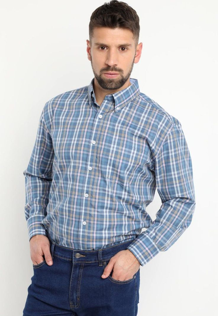 Camisa Fantasia Premium Manga Larga Boton Cuello Celeste-1