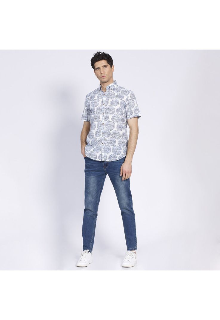 Camisa Manga Corta Estampada Diseño Slim Fit Botón Cuello Azul-0