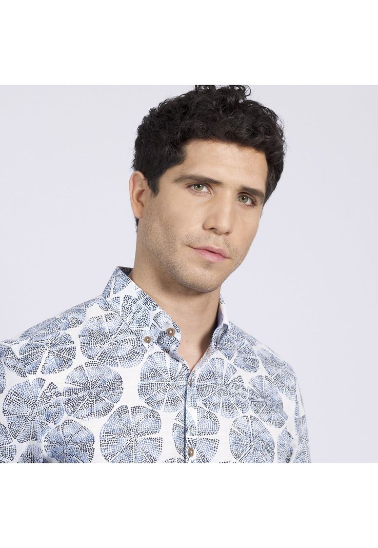 Camisa Manga Corta Estampada Diseño Slim Fit Botón Cuello Azul-1