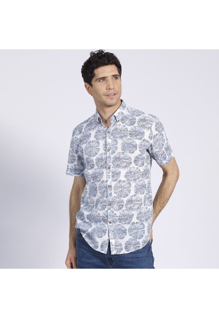 Camisa Manga Corta Estampada Diseño Slim Fit Botón Cuello Azul-2