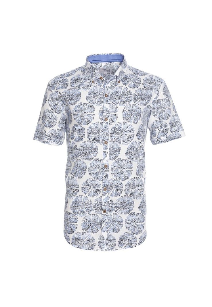 Camisa Manga Corta Estampada Diseño Slim Fit Botón Cuello Azul-4