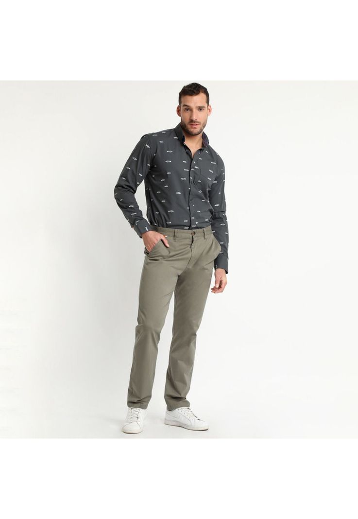 Pantalón Frente Plano Slim Fit Khaki Oscuro-0