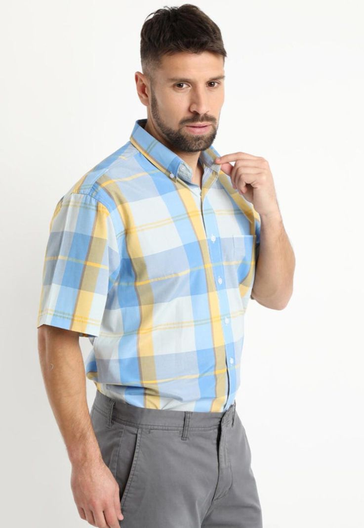 Camisa Fantasia Clasica Manga Corta Boton Cuello Mostaza-1