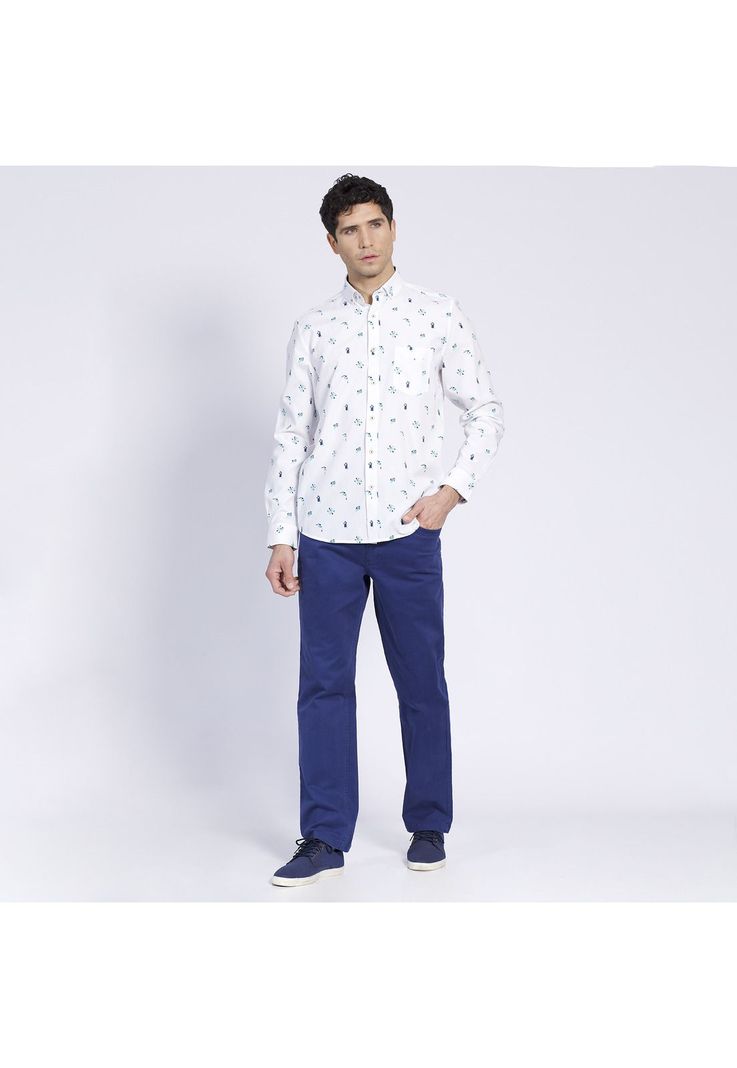 Camisa Manga Larga Oxford Estampada Slim Fit Botón Cuello Azul-0