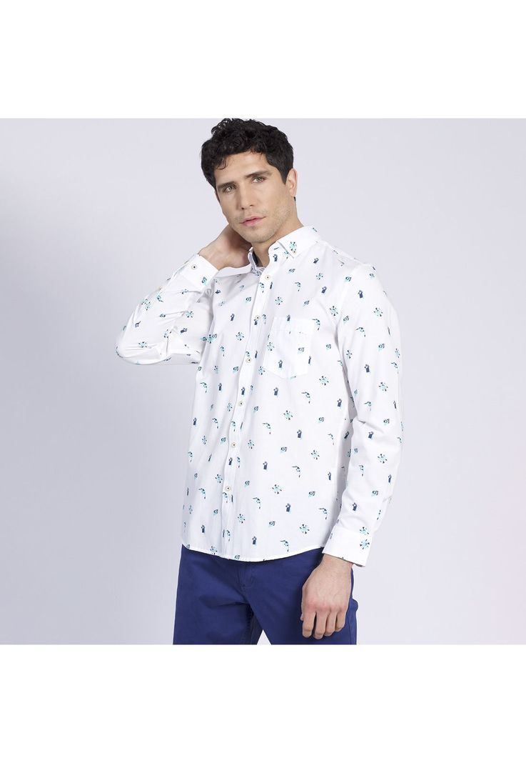 Camisa Manga Larga Oxford Estampada Slim Fit Botón Cuello Azul-1