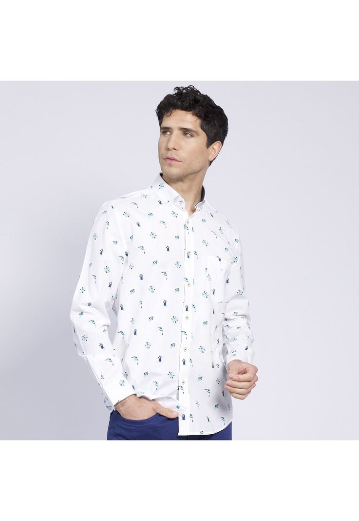 Camisa Manga Larga Oxford Estampada Slim Fit Botón Cuello Azul-2
