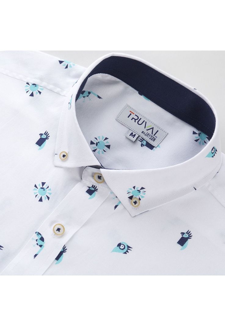 Camisa Manga Larga Oxford Estampada Slim Fit Botón Cuello Azul-4