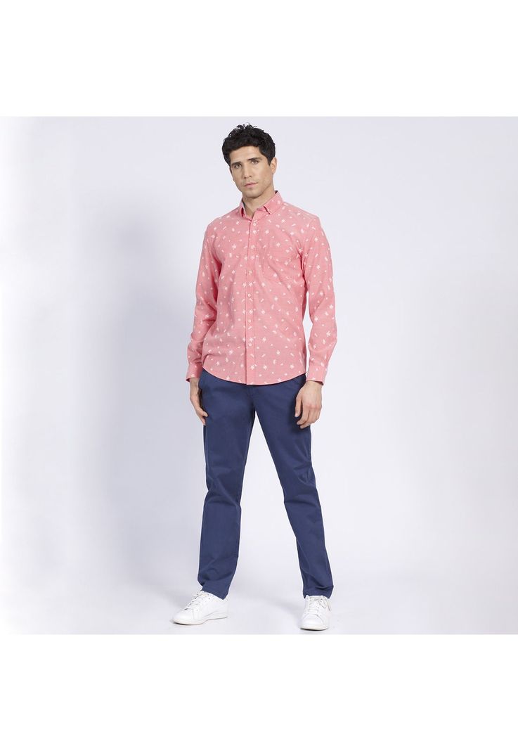 Camisa Manga Larga Oxford Estampada Slim Fit Botón Cuello Coral-0
