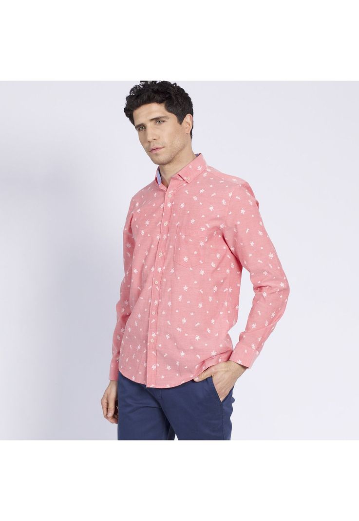 Camisa Manga Larga Oxford Estampada Slim Fit Botón Cuello Coral-1