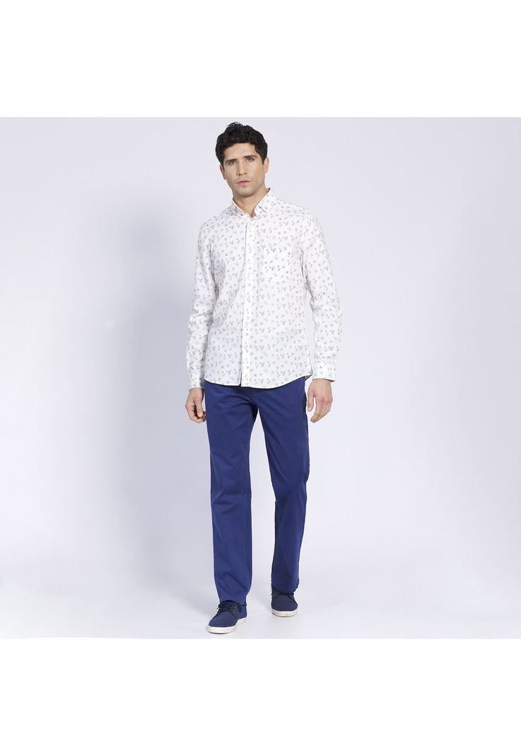 Camisa Manga Larga Oxford Estampada Slim Fit Botón Cuello Blanca-0