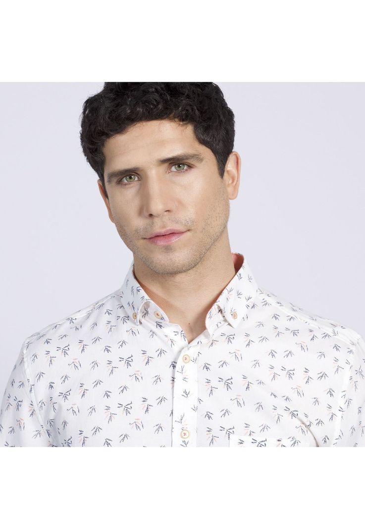 Camisa Manga Larga Oxford Estampada Slim Fit Botón Cuello Blanca-1