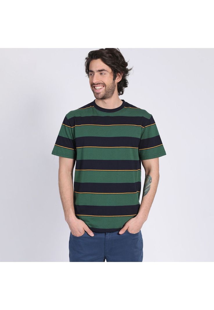 Polera Manga Corta Jersey Listada Cuello Redondo Verde oscuro-1