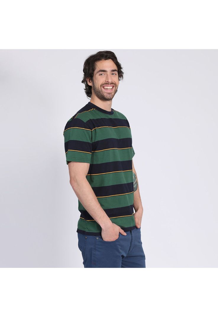 Polera Manga Corta Jersey Listada Cuello Redondo Verde oscuro-2