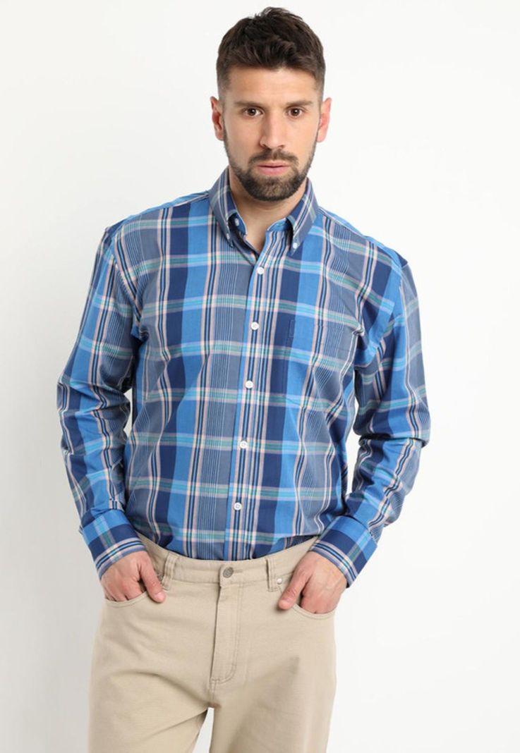 Camisa Fantasia Premium Manga Larga Boton Cuello Azul-0