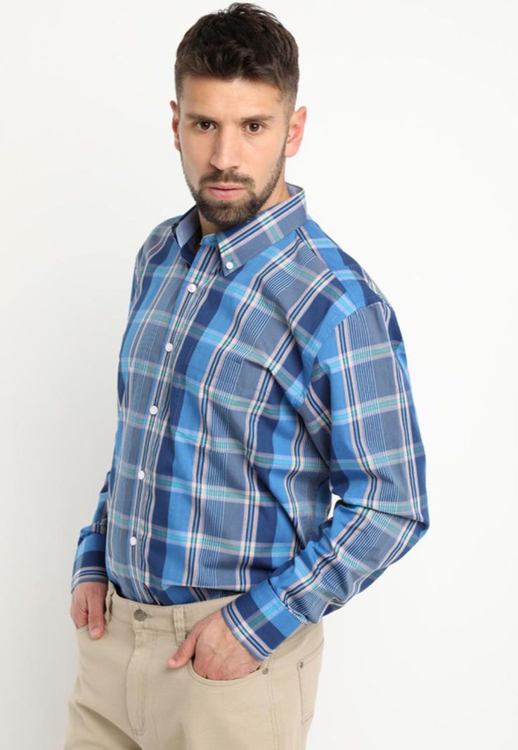 Camisa Fantasia Premium Manga Larga Boton Cuello Azul-1