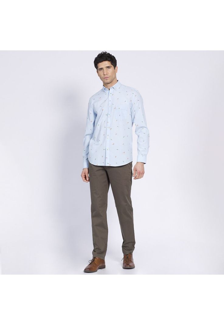 Camisa Manga Larga Oxford Estampada Slim Fit Botón Cuello Celeste-0