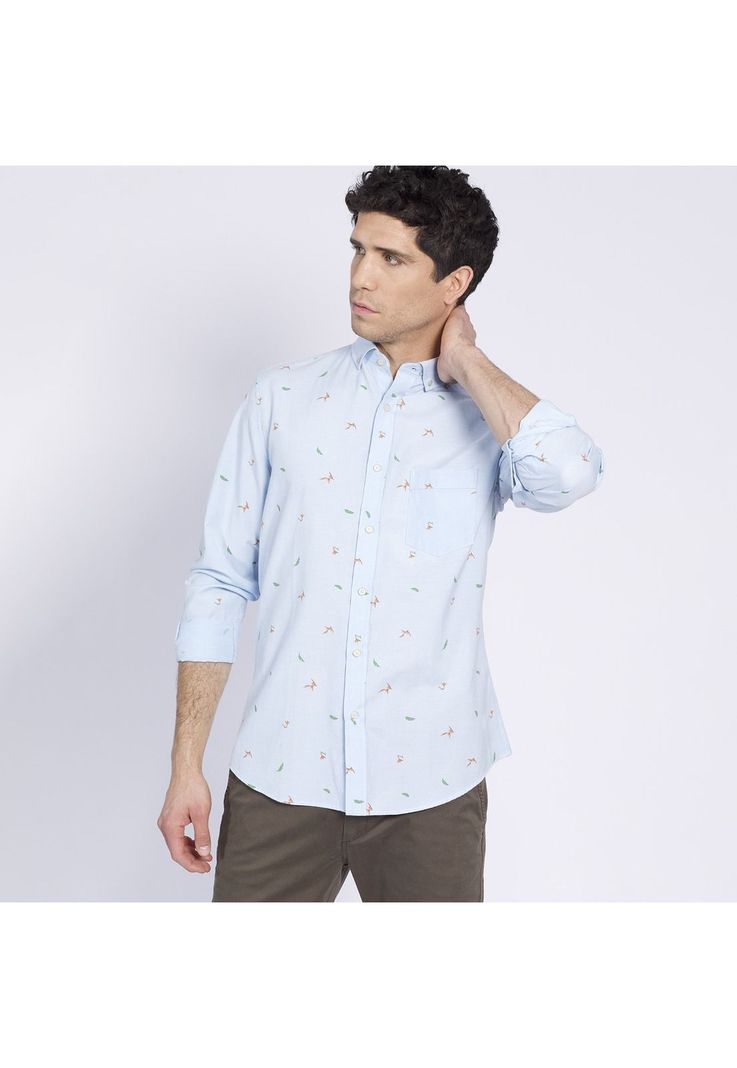 Camisa Manga Larga Oxford Estampada Slim Fit Botón Cuello Celeste-1