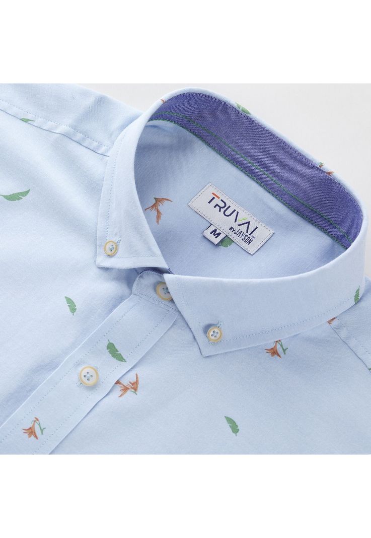 Camisa Manga Larga Oxford Estampada Slim Fit Botón Cuello Celeste-3