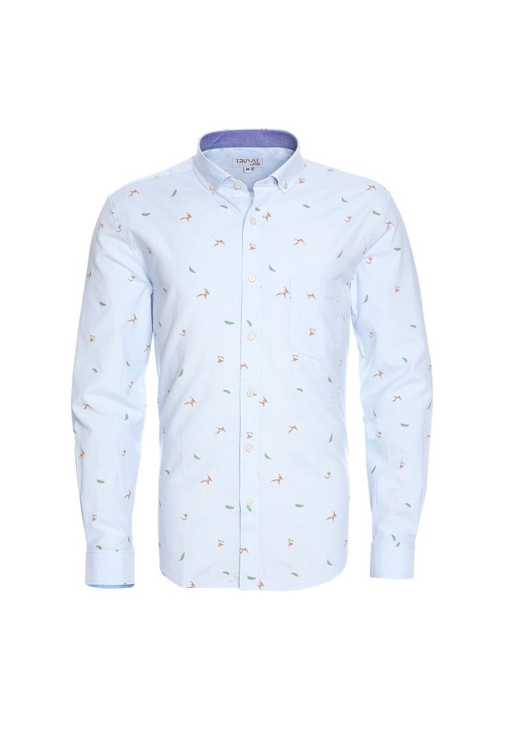 Camisa Manga Larga Oxford Estampada Slim Fit Botón Cuello Celeste-4